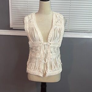En Crème Cream Crochet Tie-Front Boho Vest | One Size